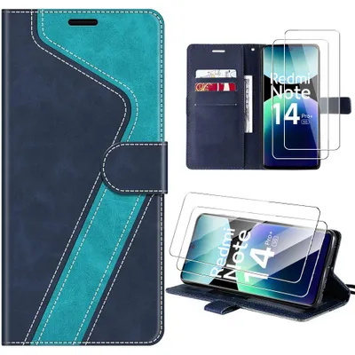 Image de Coque + 2 Verres Trempés pour Xiaomi Redmi Note 14 Pro Plus 5G, Cuir Synthétique Antichoc Bleu