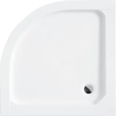 A top-down view of a white shower tray with a drain.