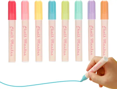 Produktbild von Fluessiger Kreidestift-Marker 8 leuchtende Farben 6 mm Wendespitze Runde und Meissel loeschbare Kreidetafeln auf Wasserbasis Markierstifte Ungiftig Schnell trocknend fuer Tafelglas Fenster Spiegel Buero Zuhause Gastronomiebedarf