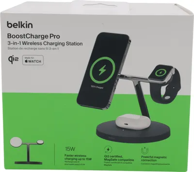 Productafbeelding van Belkin BOOST CHARGE PRO Qi2, magnetische 3-in-1 oplader, 15W, zwart. Modelnummer: WIZ032kqBK
