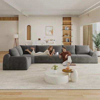 Zdjęcie produktu dla Sofa modułowe, 401 cm, bez sprężyn, kształt L, bez konieczności montażu, idealne do salonu i sypialni (ciemnoszary)