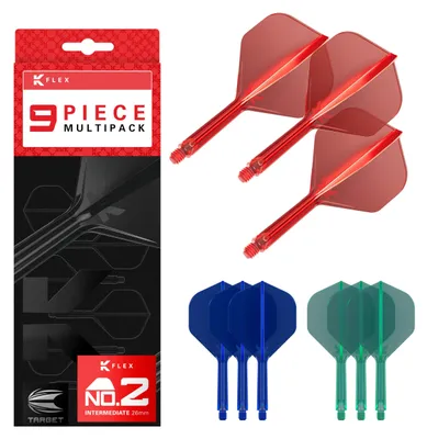Imagen del producto de Juego de vuelos y ejes para dardos integrados, paquete Kflex de 9 unidades, multipack con 3 colores