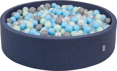 Produktbild von KiddyMoon rund bällebad bällepool 120x30cm/200 bälle ∅ 7cm ballgruben bunten bällen für babys spielbad kleinkinder, hergestellt in der eu, dunkelblau:perle/grau/transparent/babyblau/mint