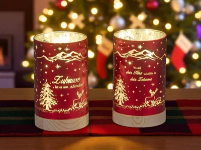 Produktbild von formano 2er Set LED Deko-Licht Zylinder Farbglas Rot mit Spruch 15 cm mit Timer