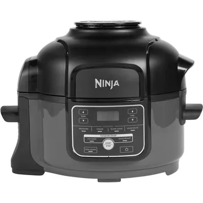 A black and gray Ninja food mini air fryer is shown against a white background.