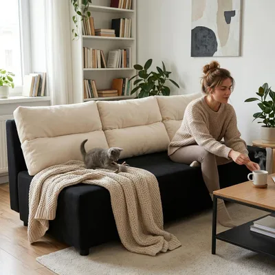 Produktbild von Schlafsofa KIMO Royal – mit Bettkasten, Webstoff in Schwarz / Weiß, Family Meble, KI-generiertes Bild