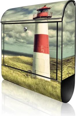 Produktbild von banjado Design Briefkasten Stahl schwarz mit Zeitungsfach pulverbeschichtet "Leuchtturm Sylt" 38x46x12,5cm & 2 Schlüssel - Postkasten A4 Einwurf inkl. Montagematerial [BKSCH 12680]