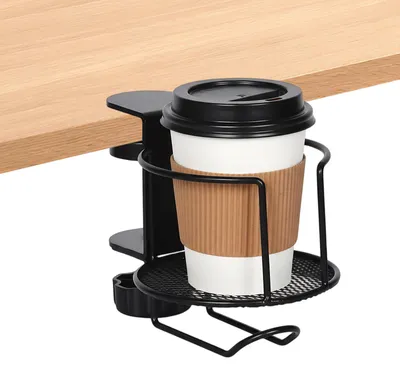 Image de Porte-bouteilles de bureau - Support réglable pour boissons et tasses à café - À fixer sur le poste de travail - Noir