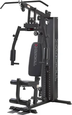 A black and gray home gym machine against a white background.