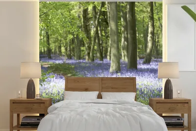 Produktbild von MuchoWow® Fototapete für Wohnzimmer oder Schlafzimmer Wandtapete Vinyl Motivtapete Wald - Weg - Blumen - Lila - Grün - Natur - 220x220 cm - Tapeten