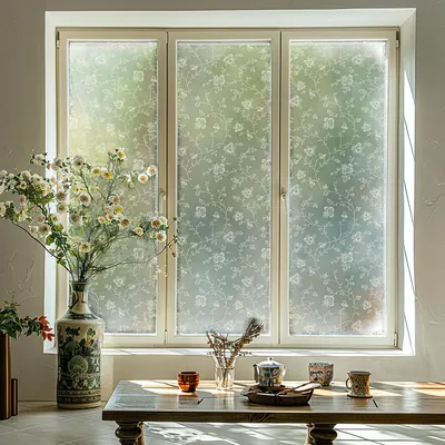 Image de Film décoratif pour fenêtre, brise-vue, motif floral, blanc laiteux, 58 x 200 cm
