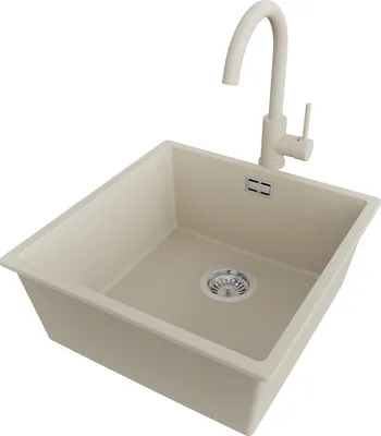 Produktbild von PRIMAGRAN Granitspüle Beige 46x47cm, Spülbecken 1 Becken + Küchenarmatur 32x20cm + Ablauf-Set, Küchenspüle ab 50er Unterschrank - London Slim