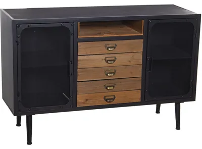 Dressoir, 2 Türen, 5 Schubladen, Metall/MDF, Schwarz/Natur, 124x40x70 cm