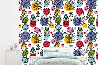 Produktbild von MuchoWow® Fototapete für Wohnzimmer oder Schlafzimmer Wandtapete Vinyl Motivtapete Matroschka - Schnittmuster - Baby - 315x260 cm - Gemustert
