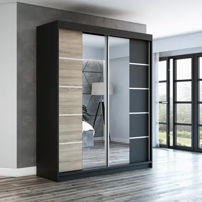 Productafbeelding van Schuifdeurenkast, kledingkast ERA, 180 cm. Kast met garderobe en spiegel. Beschikbaar in verschillende kleuren (wit, zwart, sonoma). Meubels van de fabrikant!