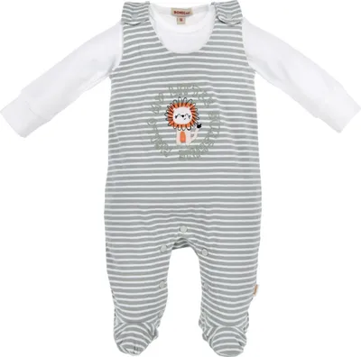 Produktbild von BONDI Baby Strampler "Löwe" 93971 | stripe khaki white - Babystrampelanzug Größe: 68