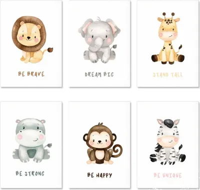 Produktbild von TPFLiving Kunstdruck LW-1324 (OHNE RAHMEN) Poster - Leinwand - Wandbild - Hochauflösender Giclée-Druck, langlebig und hochwertig - Bunte Tiere, Elefant, Löwe, Nilpferd, Giraffe, Zebra, Affe -  - Größe: 21x30cm