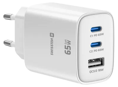 Zdjęcie produktu dla Swissten, ładowarka z 2 portami USB-C 65 W (Power Delivery) i 1 portem USB-A 18 W (Quick Charge 3.0), biała