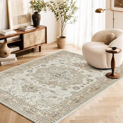 Productafbeelding van Vintage Kortpolig Tapijt 140 x 200 cm, Beige en Antislip