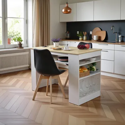 Produktbild von Esstisch mit 2 Stühlen Essgruppe 111cm Weiß Eiche mit USB-Anschlüssen und 4 Ablagen