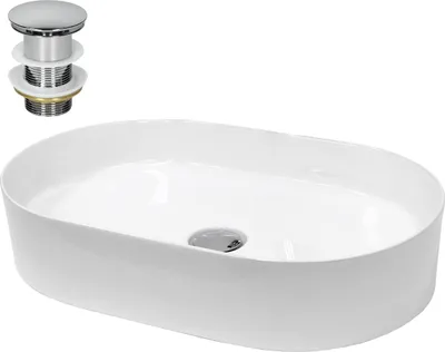 Produktbild von LuxeBath Waschbecken Aufsatzwaschbecken Oval, 60,5x38x12,5 cm, Weiß, aus Keramik, inkl. Ablaufgarnitur ohne Überlauf