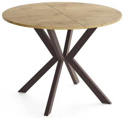 Produktbild von Runder Ausziehtisch Esstisch Ausziehbar mit Braunem Metallgestell – Valio, 100 cm Rund auf 140 cm Erweiterbar – Industrial-Loft-Design, Braune Metallbeine, Eiche Hellbraun,  EU
