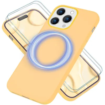 Produktbild von MagSafe Hülle mit 2x Schutz Glas für iPhone 14 Pro Max, Easy Clean Silikon Case Gelb
