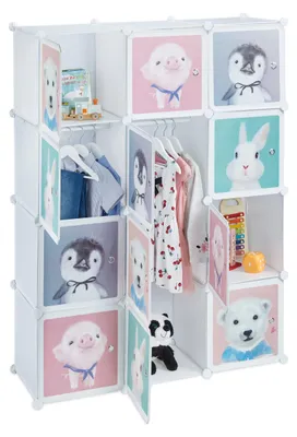 Kinderkast 8 Fächer mit Türen, Tiermotive, 145x109x37 cm, weiß