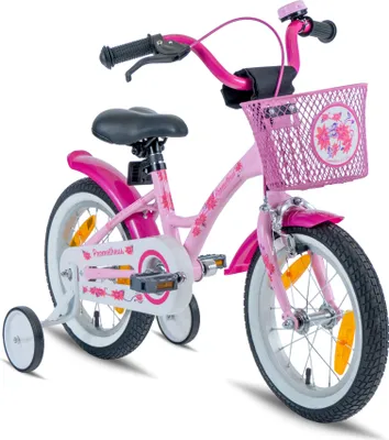 Produktbild von PROMETHEUS Mädchenfahrrad 14 Zoll in Rosa Lila & Weiß mit Stützräder | Aluminium Seitenzugbremse und Rücktrittbremse | inkl. Sicherheitspaket | ab 4 Jahre | 14“ Kinderfahrrad Classic Edition 2018