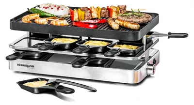 Produktbild von Raclette Grill RC 1400, antihaftbeschichtete Alu-Druckguss Wende-Grillplatte, 37 x 23 cm, Parkdeck, stufenlose Temperaturregelung, 8 Pfännchen, 8 Schaber, 2 m Kabel, 1200 Watt