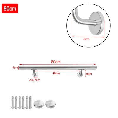 Product image showing a stainless steel handrail with dimensions and accessories.