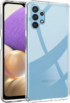 A clear protective case for a Samsung Galaxy A32 5G phone is shown, with the phone inside.