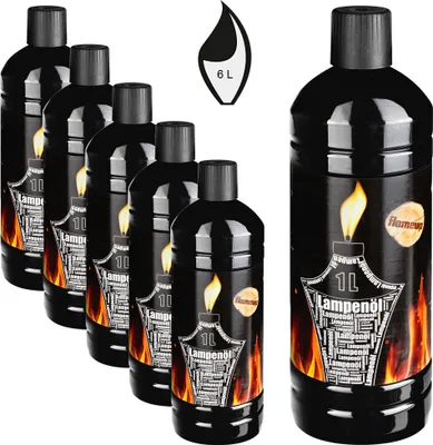 6 Flaschen Lampenöl, je 1 Liter, schwarz mit schwarzem Deckel