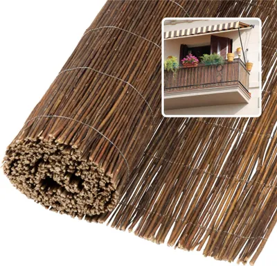 A rolled-up mat made of natural reeds, with an inset image showing it installed as a balcony screen.