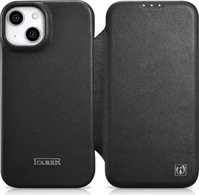 Zdjęcie produktu dla iCarer CE Premium Leather Folio Case skórzane etui iPhone 14 Plus z klapką magnetyczne MagSafe czarny (WMI14220715-BK)