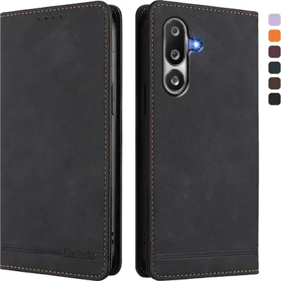 Image de Etui pour Samsung Galaxy M36, étui rétro en cuirPolyuréthaneavec support et fentes pour cartes de crédit Noir