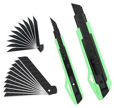 Image de Jeu de deux couteaux de découpe, vert, avec lames interchangeables SK5 (9 mm et 18 mm), comprenant 20 lames