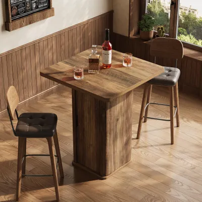Productafbeelding van Tafel met opbergkast, 90 cm hoog. Houten bistrotafel met 3 plateaus, in landelijke stijl, ideaal voor keuken, eetkamer, café, in een rustieke bruine kleur