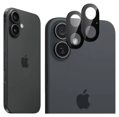 A close-up view of the back of a dark gray smartphone, showcasing its camera lenses and the Apple logo. Two camera lens protectors are placed on top of the camera module.
