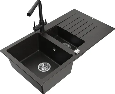 Produktbild von Mexen Matias 1,5-Becken-Granitspüle mit Abtropffläche und Mischbatterie Duero, Schwarz/Gold metallisch - 6502-75-671600-70