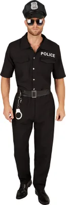 A man dressed as a police officer stands against a white background.
