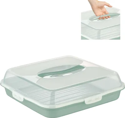 Produktbild von uandu Kuchen Transportbox, Tortentransportbox mit Haube und Griff. Box mit Deckel, Kuchenplatte, Aufbewahrungsbox, Kuchenbehälter, Tortenbehälter, Servierplatte - Quadratisch/Dunkelgrün