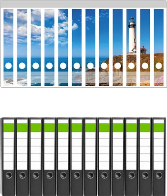 Produktbild von Wallario 12 Stück schmale Ordner inkl. Klebeetiketten mit Motive Leuchtturm auf einem Felsvorsprung - Blauer Himmel -  Set mit Rückenschildern / Ordnerrücken Stickern