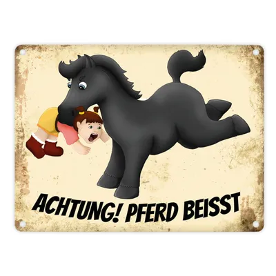 Produktbild von Metallschild mit schwarzes Pferd Motiv und Spruch: Achtung! Pferd beisst