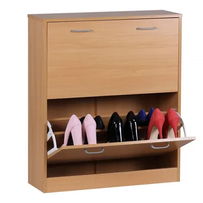 Produktbild von Schuhkipper KIEL Buche matt 2 Fächer 75 x 87 x 24 cm, Design Holz-Schuhschrank zum klappen, Schuhkommode modern mit Ablage