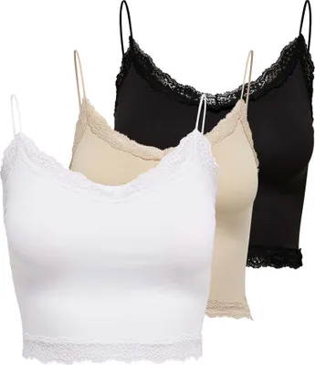 Produktbild von ONLY Damen Cropped-Top 3er Pack - ONLVICKY LACE SEAMLESS CROPPED TOP, Trägertop, Spitze Schwarz/Weiß/Beige S/M