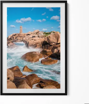 Produktbild von Wasser, Felsen und ein Leuchtturm– Wandbild mit Rahmen – Gerahmtes Bild  – Wanddekoration – 70x100 cm –  Schwarz Rahmen