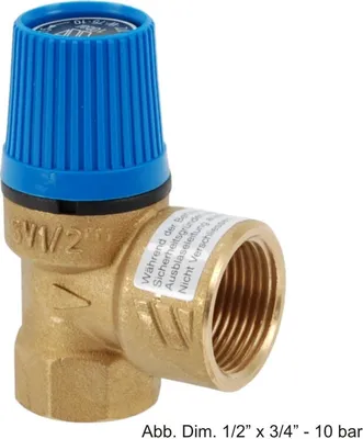 A brass safety valve with a blue cap against a white background.