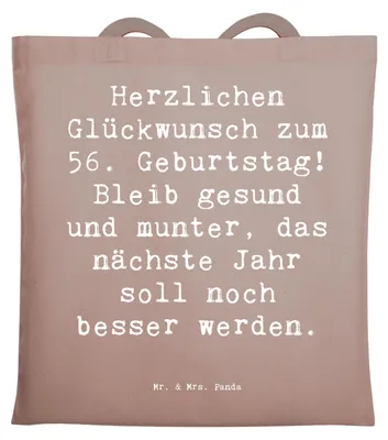 Produktbild von Mr. & Mrs. Panda Tote Bag Spruch 56. Geburtstag Freude - Braun Pastell - Geschenk, herzliche Grüße, Alter, Tasche, Happy Birthday, Jubiläum, Einkaufstasche, Laptoptasche
