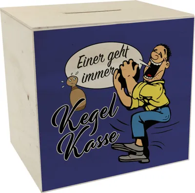 Produktbild von Kegelkasse Spardose aus Holz Einer geht immer in blau mit lustigem Kegelspieler